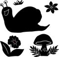 Vector snail icon. Snail, mushroom, flower, and grass black icons on white background Royalty Free Stock Photo