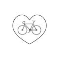 Vector black thin line bicycle in heart icon logo