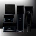 Vector Black Toiletries or Beauty Packaging Set with Black square Cap Clear Jar, Bottle