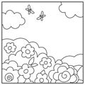 Vector black and white abstract background with clouds, flowers, forest. Magic or fantasy world line scene. Cute fairytale square Royalty Free Stock Photo