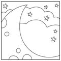 Vector black and white abstract background with clouds, stars, half moon. Magic or fantasy world line scene. Cute fairytale square Royalty Free Stock Photo