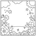 Vector black and white abstract background with flower garden, sun, clouds. Magic or fantasy world line scene. Cute fairytale Royalty Free Stock Photo