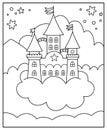 Vector black and white abstract background with unicorn castle, cloud, star. Magic or fantasy world line scene with place for text Royalty Free Stock Photo