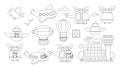 Vector black and white air transport set. Funny transportation collection with plane, zeppelin, helicopter, hot air balloon,