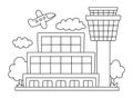 Vector black and white airport line icon. Air port clipart with dispatcher or control tower, plane, building, clouds. Flight