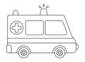 Vector black and white ambulance car. Funny line emergency transportation for kids. Cute hospital vehicle clip art. Special