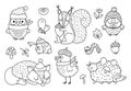 Vector black and white Autumn forest animals and insects set. Cute outline hedgehog, squirrel, fox, owl in hats and scarves. Royalty Free Stock Photo