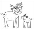 Vector black and white baby deer with parent. Funny bohemian style woodland animal scene showing family love. Cute boho Royalty Free Stock Photo