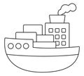 Vector black and white barge with tubes, steam, freight. Water transport line icon. Funny nautical transportation steam ship