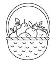 Vector black and white basket with apples, pears and leaves. Autumn outline garden clipart. Funny line fruit illustration isolated