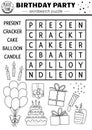 Vector black and white Birthday party wordsearch puzzle for kids. Simple holiday crossword with present, cake, balloon, candle.
