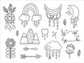 Vector black and white boho elements collection. Bohemian half moon, dream catcher, flowers, arrows, cloud, feathers isolated on Royalty Free Stock Photo