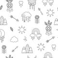 Vector black and white boho ornament. Bohemian line seamless pattern with stars, sun, mountains, dreamcatcher and clouds. Wild and