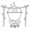 Vector black and white boiler hanging on tree twigs above the fire. Campfire pot outline illustration isolated on white background