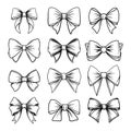 Vector Black and White Bow Tie or Gift Bow with Outline, Cut Out Icon Set Isolated on White Background. Bows Collection