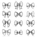 Vector Black and White Bow Tie or Gift Bow Silhouette with Outline, Cut Out Icon Set Isolated on White Background. Bows Royalty Free Stock Photo