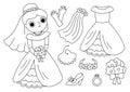 Vector black and white bride clothes set. Cute just married girl with dress, accessory. Wedding ceremony line icon pack. Newly