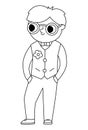 Vector black and white bridegroom illustration. Cute outline boy in glasses and vest. Wedding ceremony line icon. Cartoon marriage