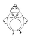 Vector black and white bullfinch in hat. Cute winter bird illustration. Funny Christmas card design. New Year line icon with