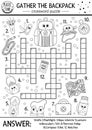 Vector black and white camping crossword puzzle for kids. Simple Summer camp outline quiz with forest equipment. Activity with