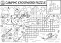 Vector black and white camping crossword puzzle. Simple forest summer camp outline quiz for children. Educational activity with