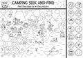 Vector black and white camping searching game or coloring page with cute animals in the forest. Spot hidden objects. Simple seek