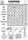 Vector black and white camping wordsearch puzzle. Simple forest summer camp outline crossword or coloring page. Educational