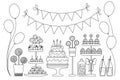 Vector black and white candy bar. Cute outline birthday meal with cake, candles, cupcakes, cake pops, jelly beans, flags. Funny