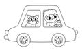 Vector black and white car with driver and cat. Funny automobile for kids with boy and pet. Cute vehicle line clip art with