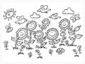 Vector black and white cartoon sunflowers, birds and bees illustration. Suitable for greeting cards or colouring Royalty Free Stock Photo