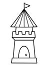 Vector black and white cartoon tower. Fantasy world castle part line icon with flag. Fairy tale princess house outline Royalty Free Stock Photo