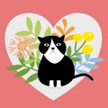 Vector of black and white cat sit with green plants and flowers Royalty Free Stock Photo