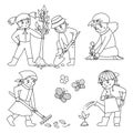 Vector black and white children doing garden work set. Spring outline collection of kids with gardening tools. Young gardeners