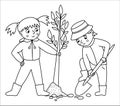 Vector black and white children planting tree illustration. Cute outline kids doing garden work. Boy digging ground with spade. Royalty Free Stock Photo