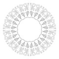 Vector black and white circular spring mandala with tulips and daffodils flowers- adult coloring book page Royalty Free Stock Photo