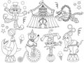 Vector Black and White Circus Set with Clown, Big Top and Circus Animals Royalty Free Stock Photo