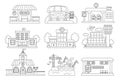 Vector black and white city transportation places set. Bus stop, metro, railway, gas station line clipart. Cute flat hospital, Royalty Free Stock Photo