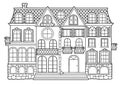 Vector black and white coloring book for adults. Country-style multistory building with separate apartments, balconies and win Royalty Free Stock Photo