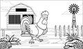 Black and white coloring page rooster in the farm yard