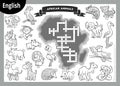 Vector black and white crossword in English. Cartoon animals of Africa