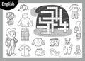 Vector black and white crossword in English. Cartoon set of clothes for boy