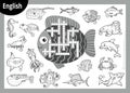 Vector black and white crossword in English. Cartoon set of sea animals Royalty Free Stock Photo