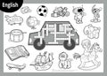 Vector black and white crossword in English. Cartoon set of toys and items for boys Royalty Free Stock Photo