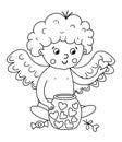 Vector black and white cupid with jar of hearts. Funny ValentineÃ¢â¬â¢s day character. Happy love angel with spread wings. Playful