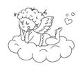 Vector black and white cupid lying on a cloud and dreaming. Funny ValentineÃ¢â¬â¢s day character. Happy love angel with spread wings