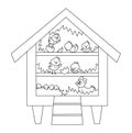 Vector black and white cute roost icon with hatching chicks and hen inside. Outline perch illustration for kids. Farm or garden Royalty Free Stock Photo