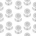 Vector black and white doodle flowers pattern with abstract floral flowers. Black and white hand-drawn flower seamless