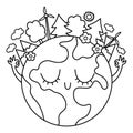 Vector black and white earth for kids. Earth day line illustration with cute kawaii smiling planet with closed eyes. Environment Royalty Free Stock Photo