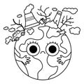Vector black and white earth for kids. Earth day line illustration with sad kawaii polluted planet. Environment friendly icon or Royalty Free Stock Photo