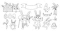 Vector black and white Easter bunny family set or coloring page. Outline rabbit mother, father, daughter and son with spring